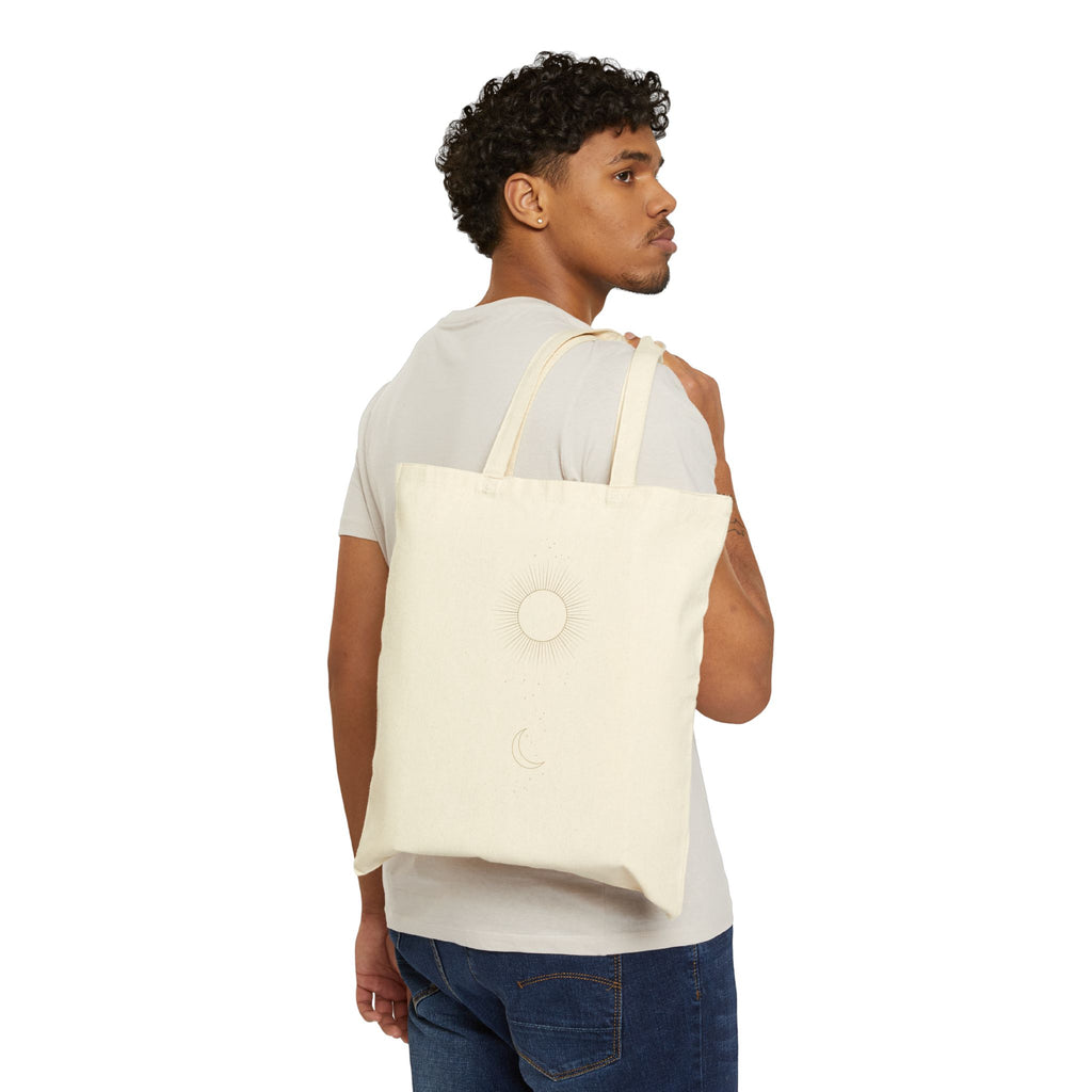EverAfterWear Celestial Sun & Moon tote bag - product mockup with gold streetwear design - alternate view