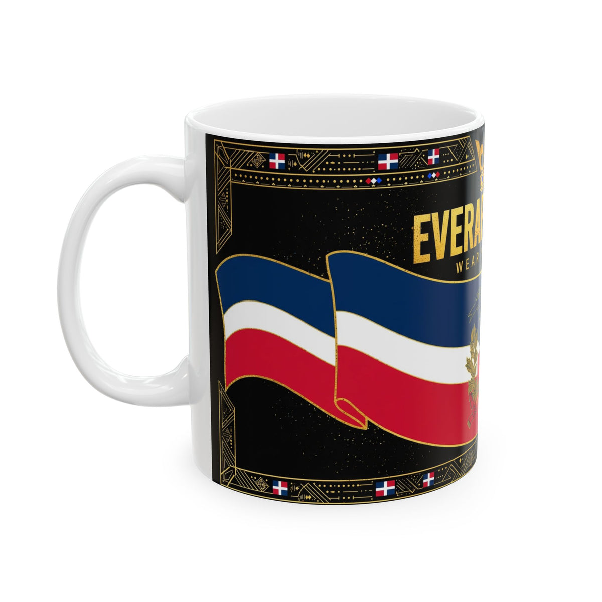 EverAfterWear Dominican Republic Flag mug - ceramic coffee mug mockup with gold streetwear design - alternate view