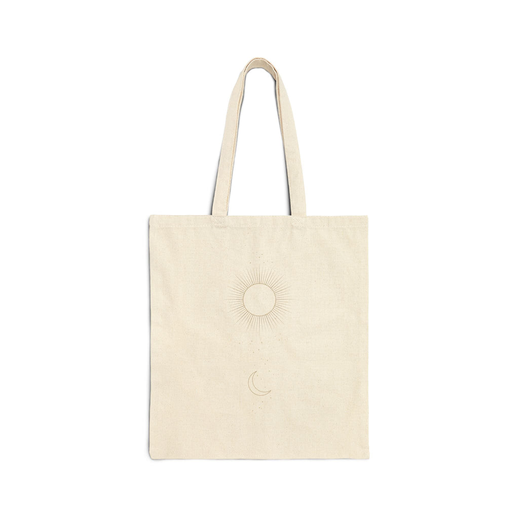 EverAfterWear Celestial Sun & Moon tote bag - product mockup with gold streetwear design