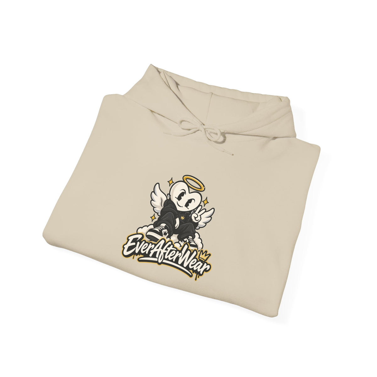 EverAfterWear Retro Cartoon Hoodie — Winged Character Logo hoodie - product mockup with gold streetwear design - alternate vi