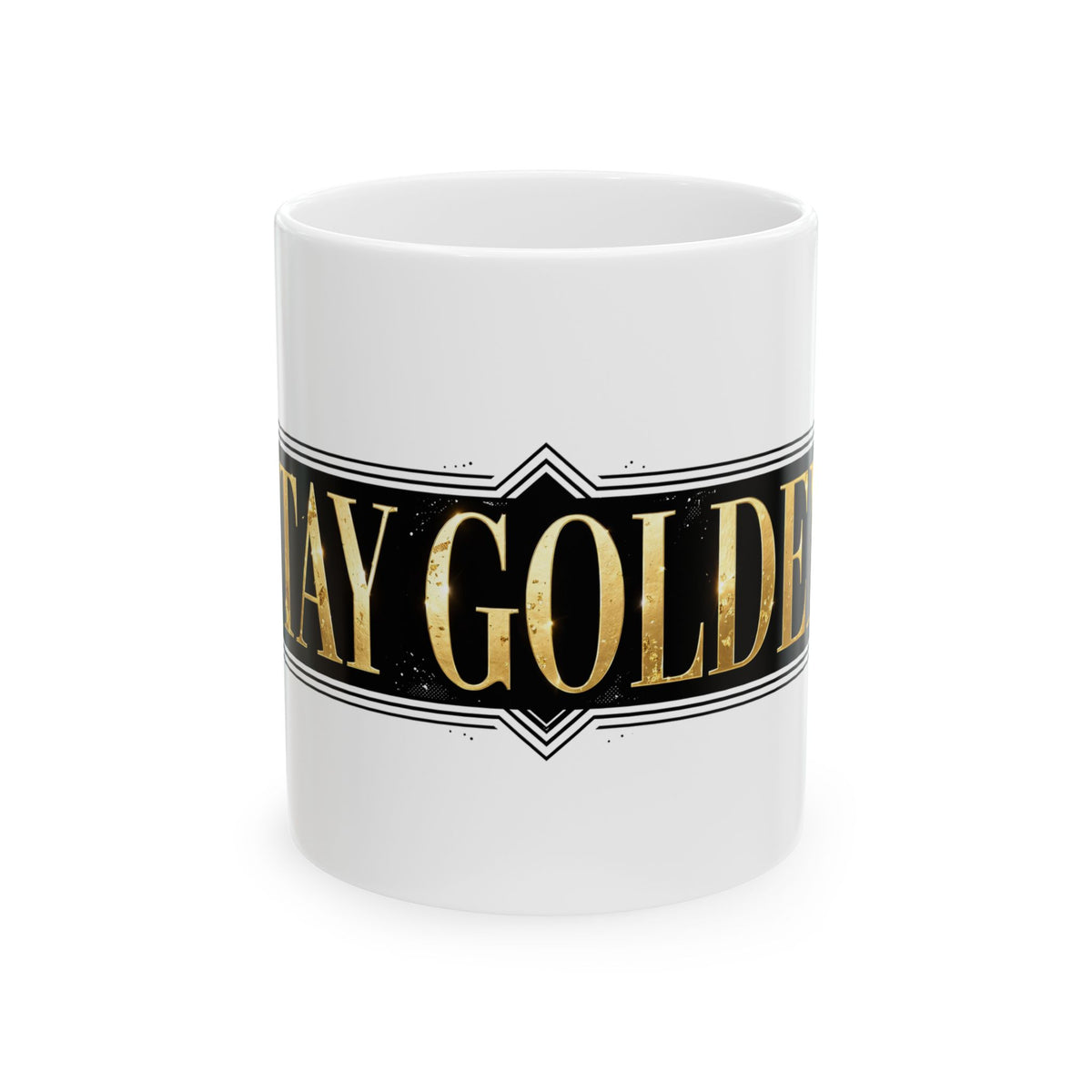 EverAfterWear Stay Golden mug - ceramic coffee mug mockup with gold streetwear design