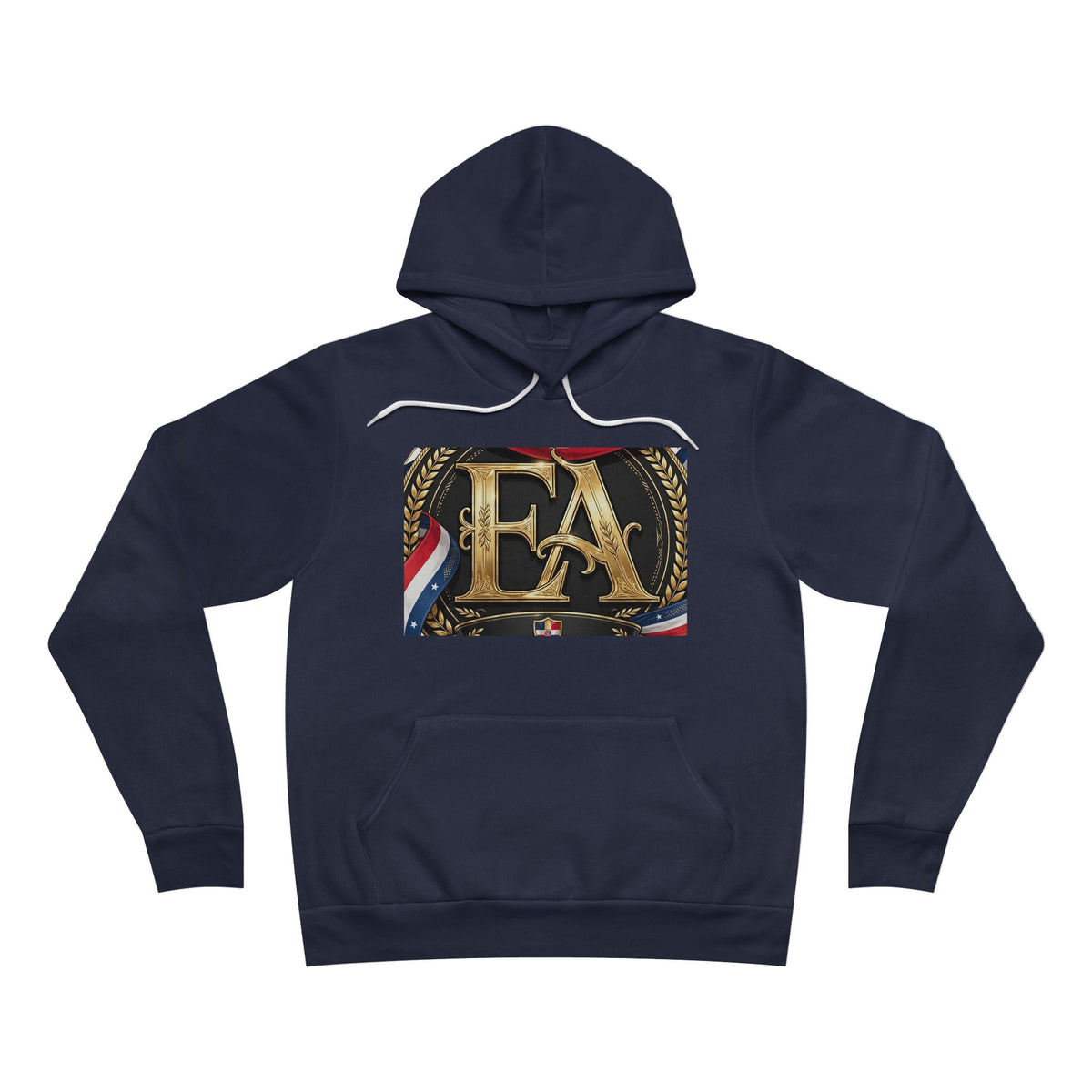 EverAfterWear Flag Ribbon EA hoodie - product mockup with gold streetwear design - alternate view
