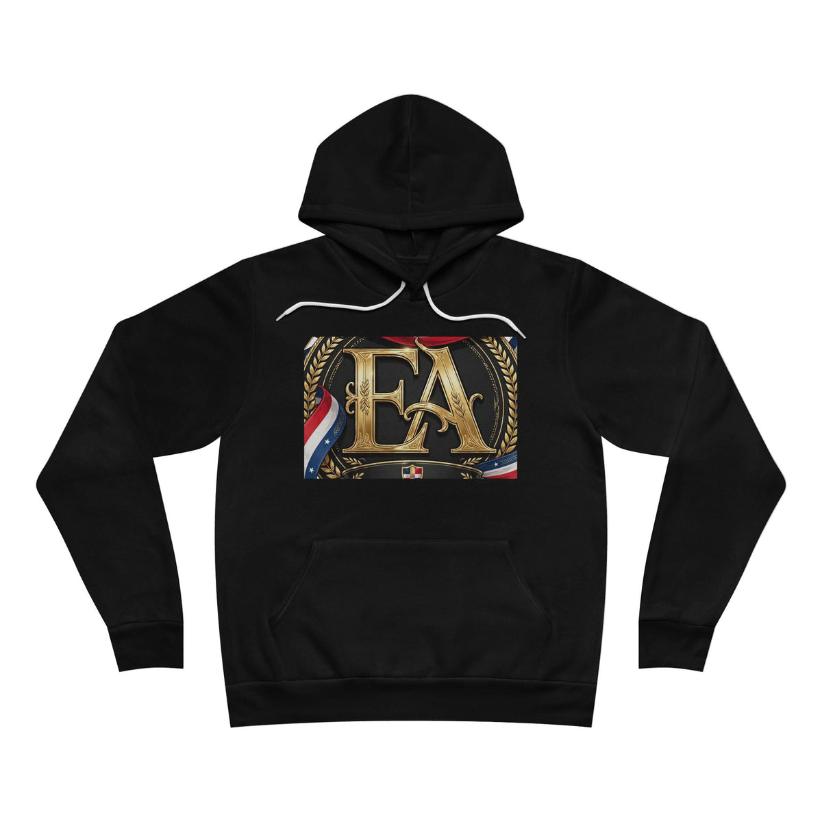 EverAfterWear Flag Ribbon EA hoodie - product mockup with gold streetwear design - alternate view