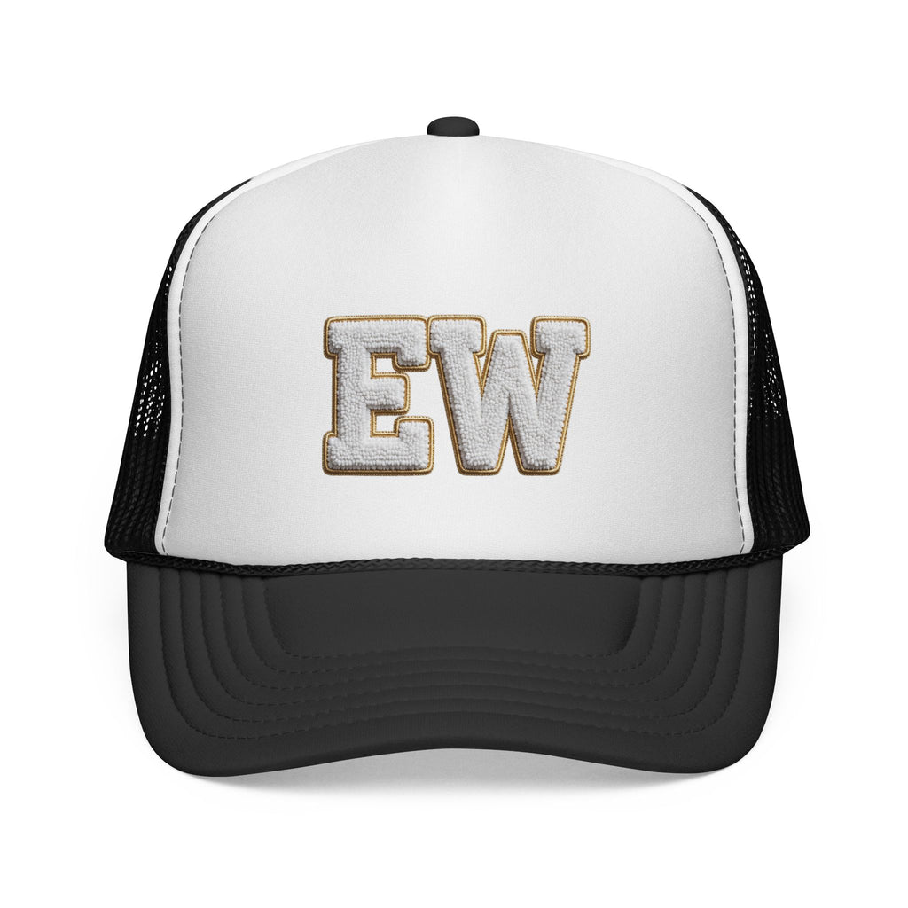 EverAfterWear Chenille EW trucker hat - headwear mockup with gold streetwear design