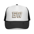 EverAfterWear Chenille EW trucker hat - headwear mockup with gold streetwear design