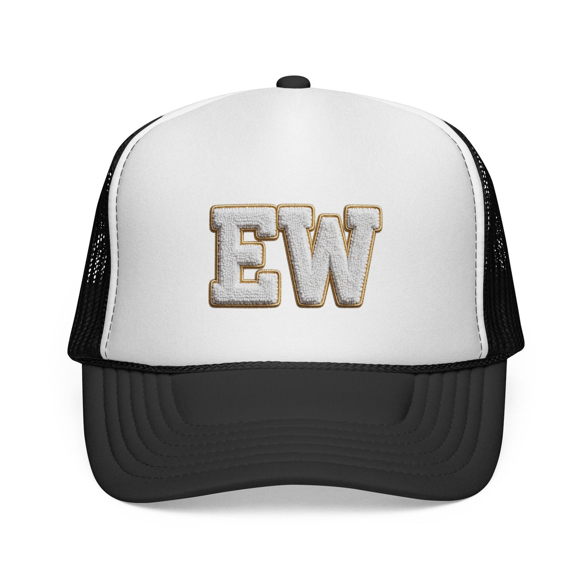 EverAfterWear Chenille EW trucker hat - headwear mockup with gold streetwear design