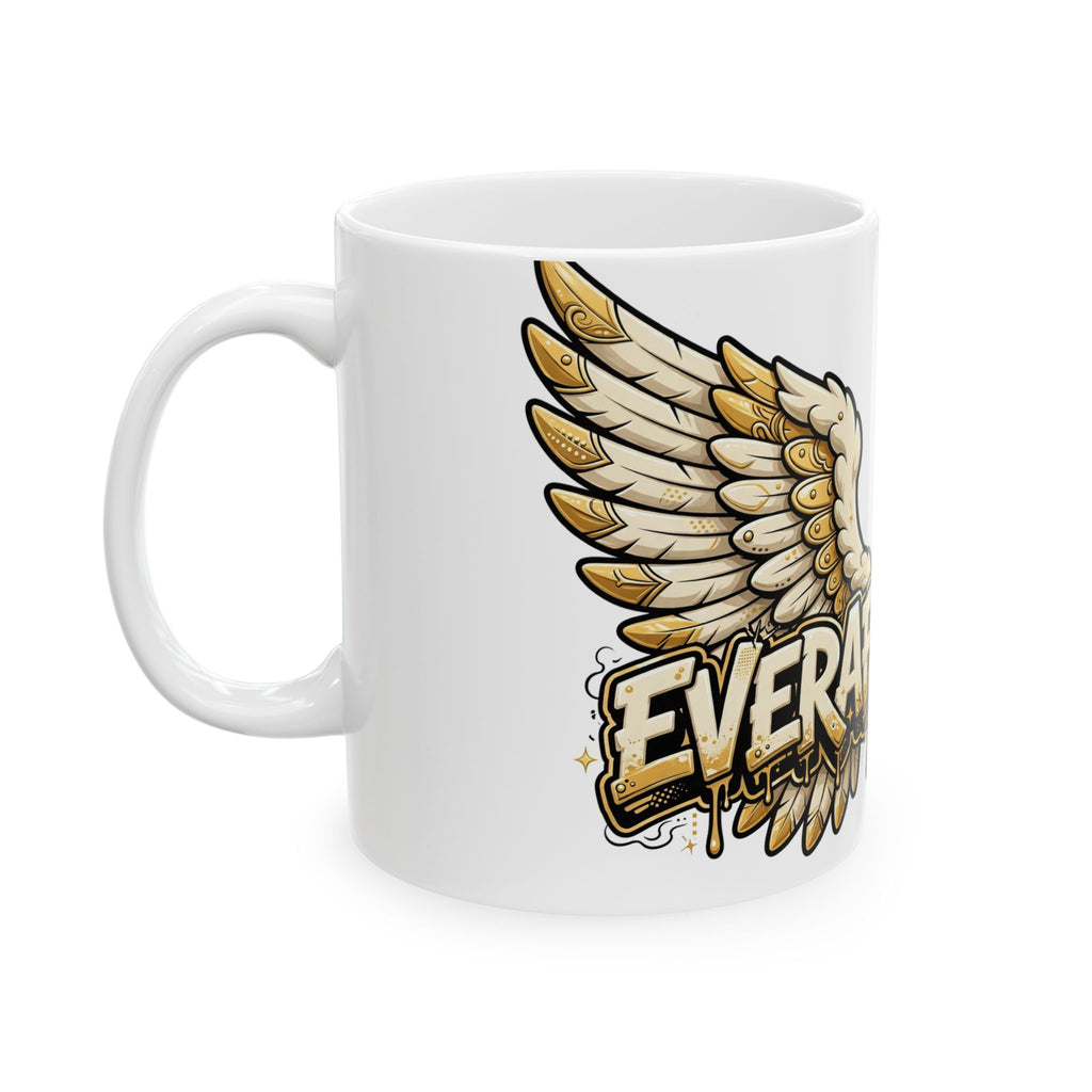 EverAfterWear Angel Wings Graffiti mug - ceramic coffee mug mockup with gold streetwear design - alternate view