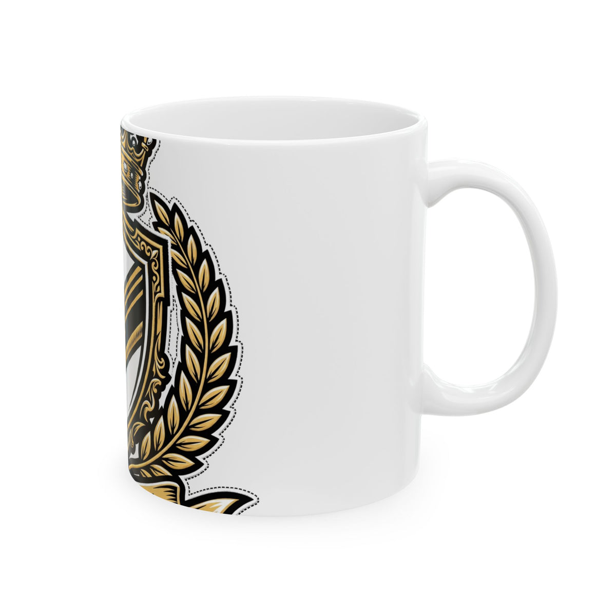 EverAfterWear Royal Crest MMXXVI mug - ceramic coffee mug mockup with gold streetwear design - alternate view