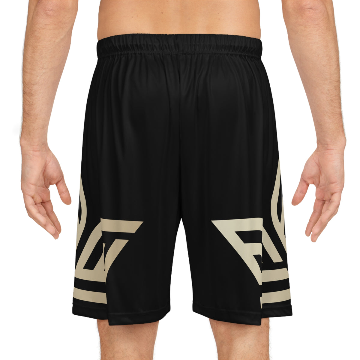 EverAfterWear basketball shorts - product mockup with gold streetwear design - alternate view