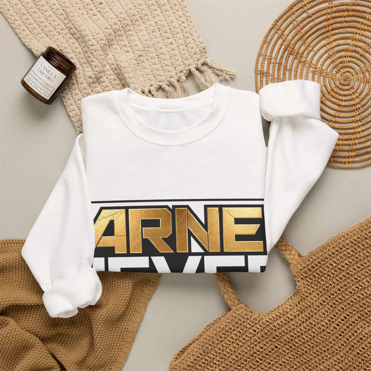 EverAfterWear Earned Never Given sweatshirt - product mockup with gold streetwear design - alternate view