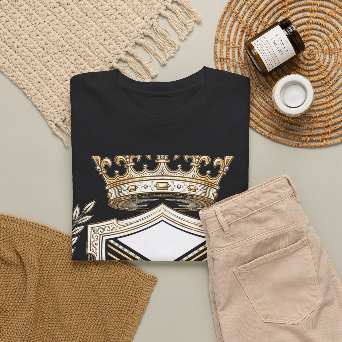 EverAfterWear Royal Crest MMXXVI Women's tee - product mockup with gold streetwear design - alternate view