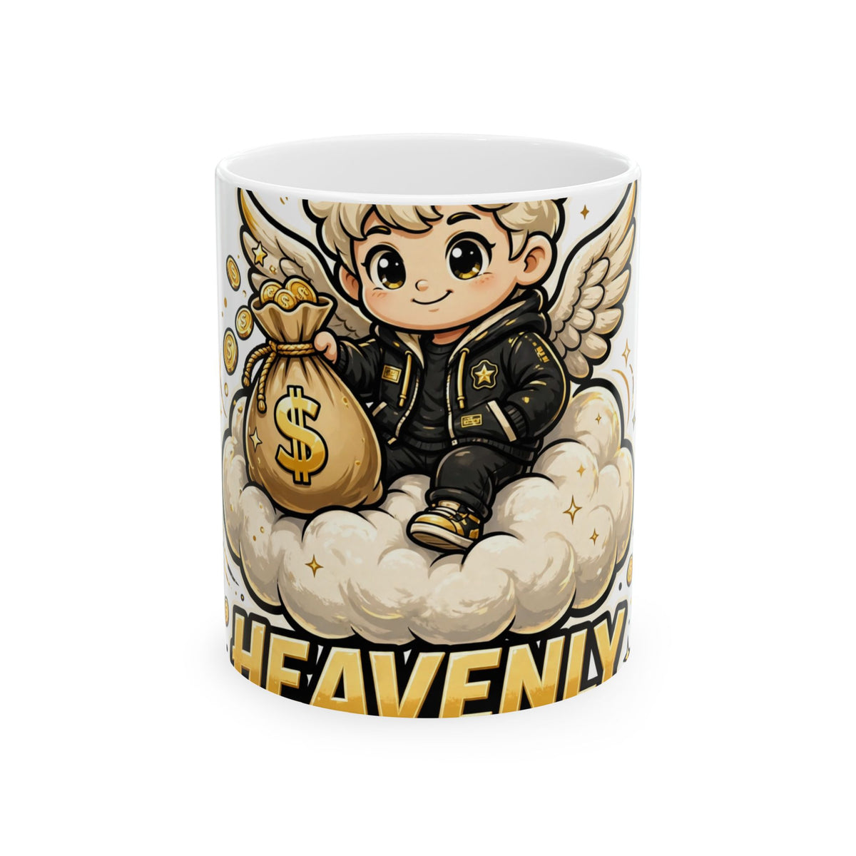 EverAfterWear Heavenly Hustle Angel mug - ceramic coffee mug mockup with gold streetwear design