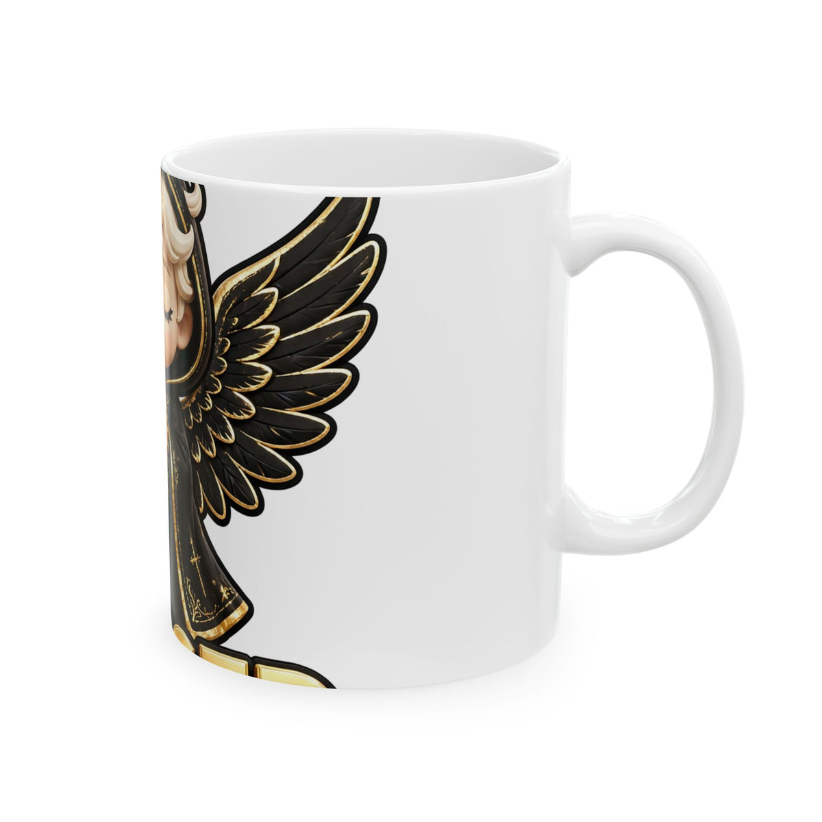 EverAfterWear Blessed Angel mug - ceramic coffee mug mockup with gold streetwear design - alternate view