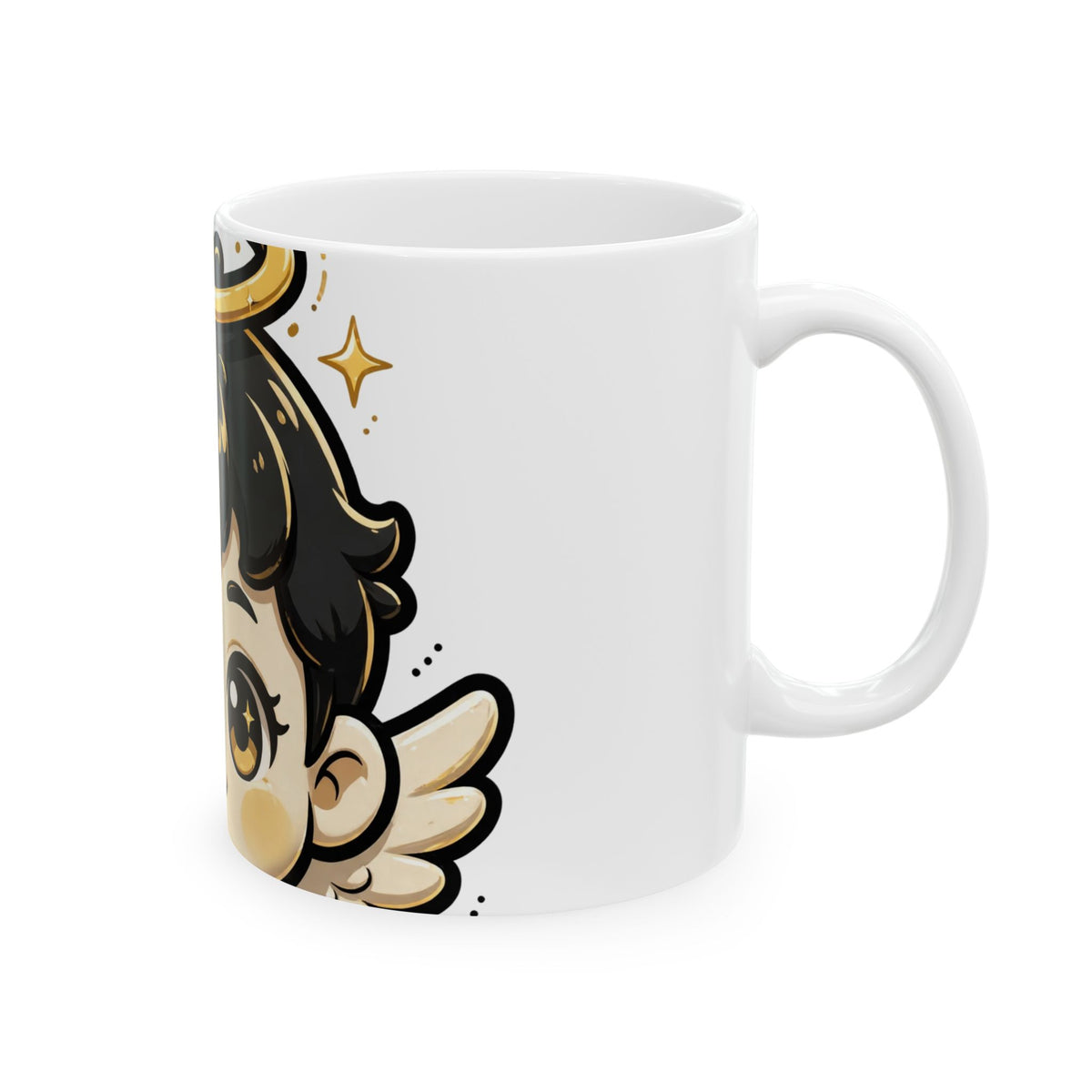 EverAfterWear Lil Angel mug - ceramic coffee mug mockup with gold streetwear design - alternate view