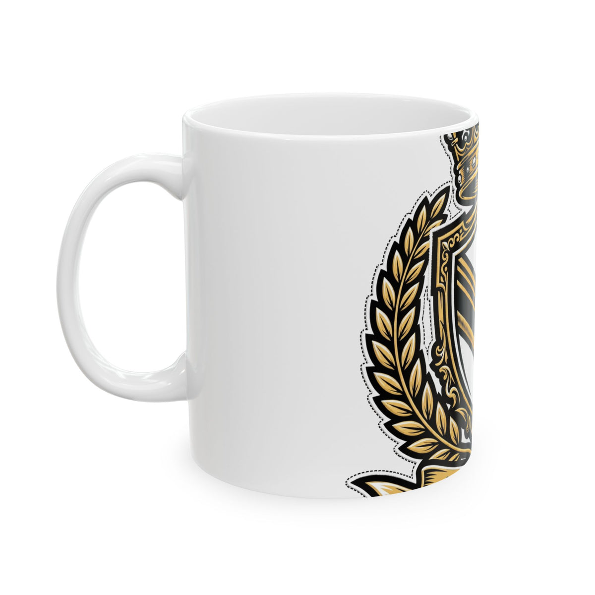 EverAfterWear Royal Crest MMXXVI mug - ceramic coffee mug mockup with gold streetwear design - alternate view