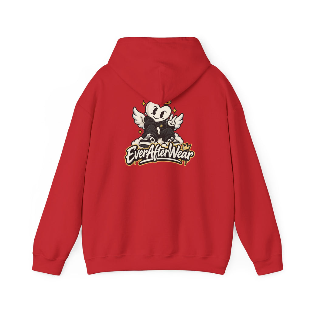 EverAfterWear Retro Cartoon Hoodie — Winged Character Logo hoodie - product mockup with gold streetwear design - alternate vi