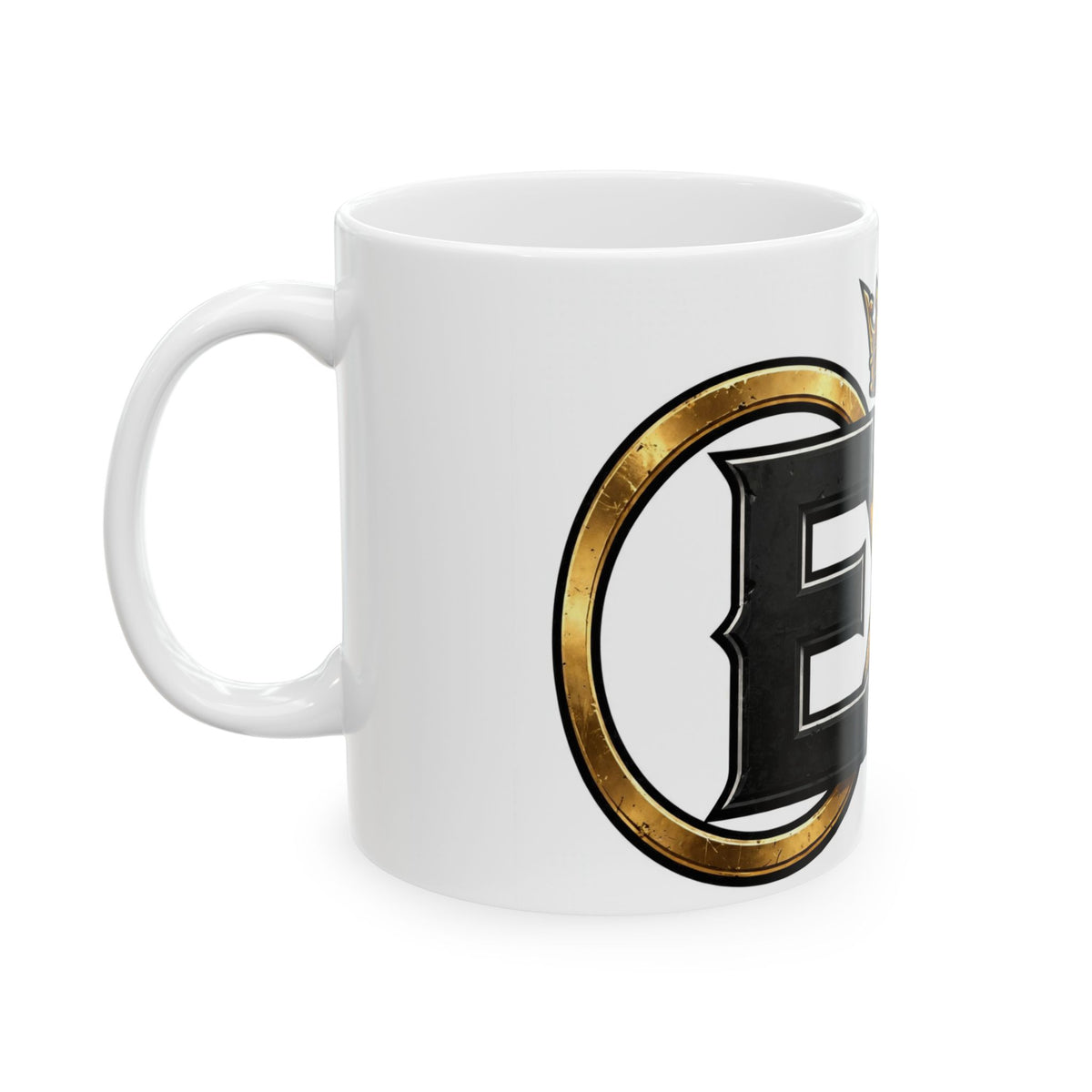 EverAfterWear Crowned Infinity EA Men's mug - ceramic coffee mug mockup with gold streetwear design - alternate view
