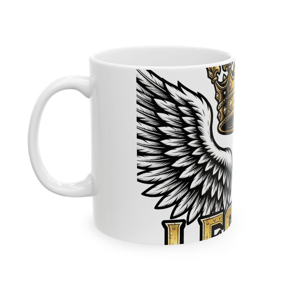 EverAfterWear Legacy Wings Crown Men's mug - ceramic coffee mug mockup with gold streetwear design - alternate view