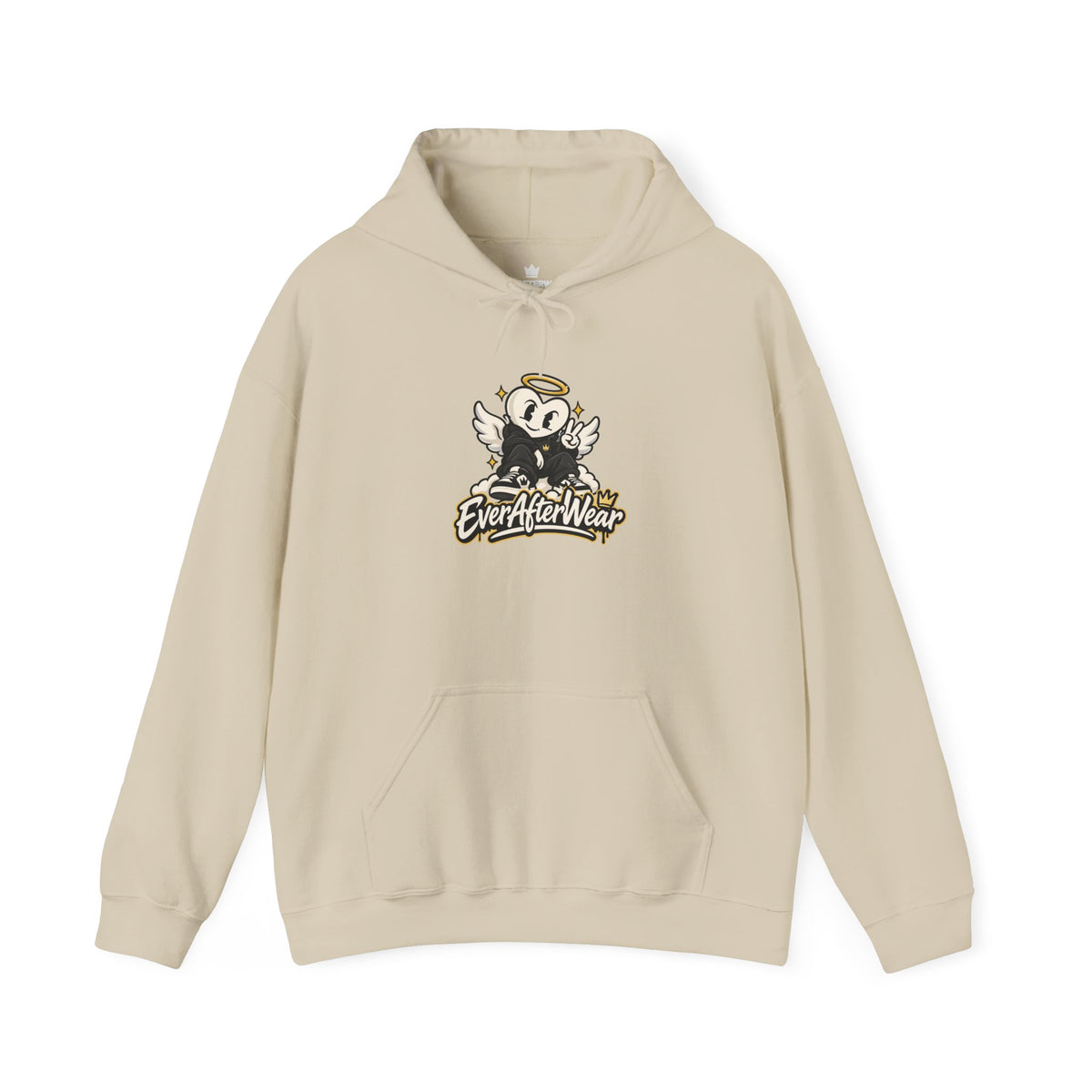 EverAfterWear Retro Cartoon Hoodie — Winged Character Logo hoodie - product mockup with gold streetwear design - alternate vi