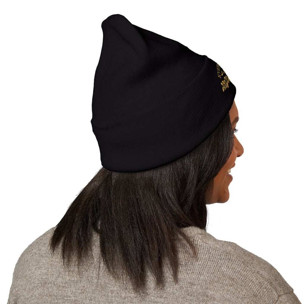 EverAfterWear Halloween Moon beanie - headwear mockup with gold streetwear design - alternate view