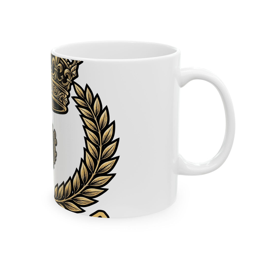 EverAfterWear Gold Crown Laurel Men's mug - ceramic coffee mug mockup with gold streetwear design - alternate view
