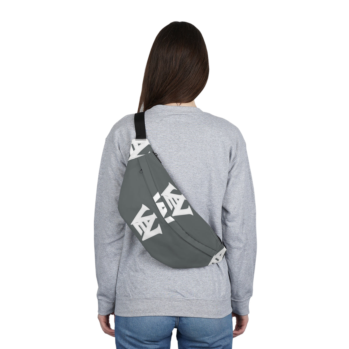 EverAfterWear Grey Monogram fanny pack - product mockup with gold streetwear design - alternate view