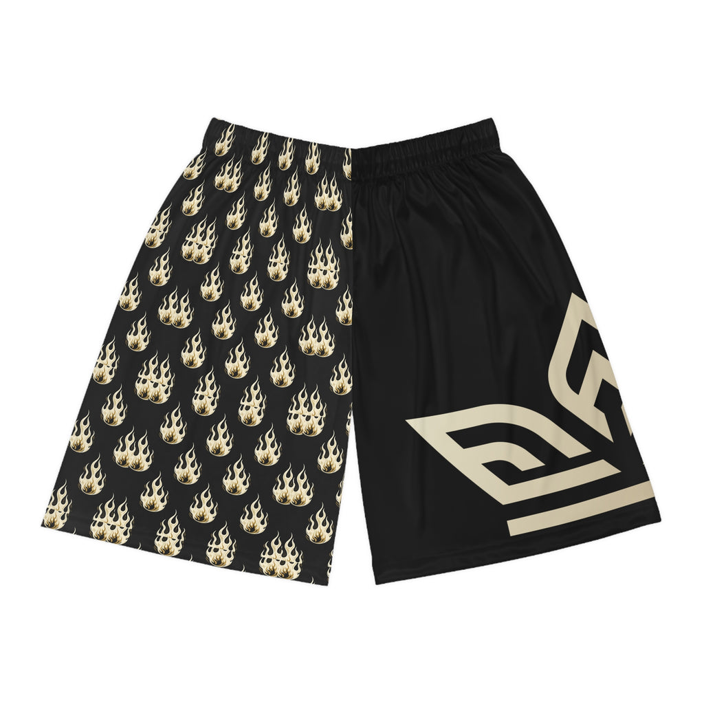 EverAfterWear Gold Flames basketball shorts - product mockup with gold streetwear design