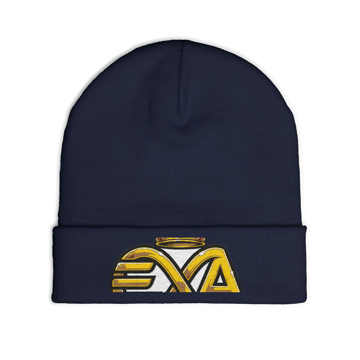 EverAfterWear HERO Crown EA Logo beanie - headwear mockup with gold streetwear design - alternate view