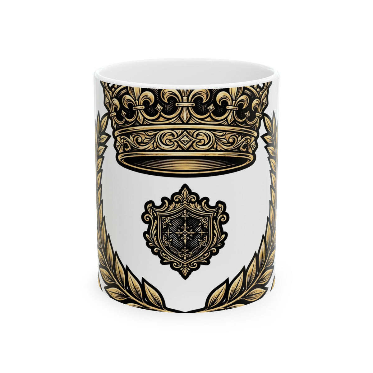 EverAfterWear Gold Crown Laurel Men's mug - ceramic coffee mug mockup with gold streetwear design