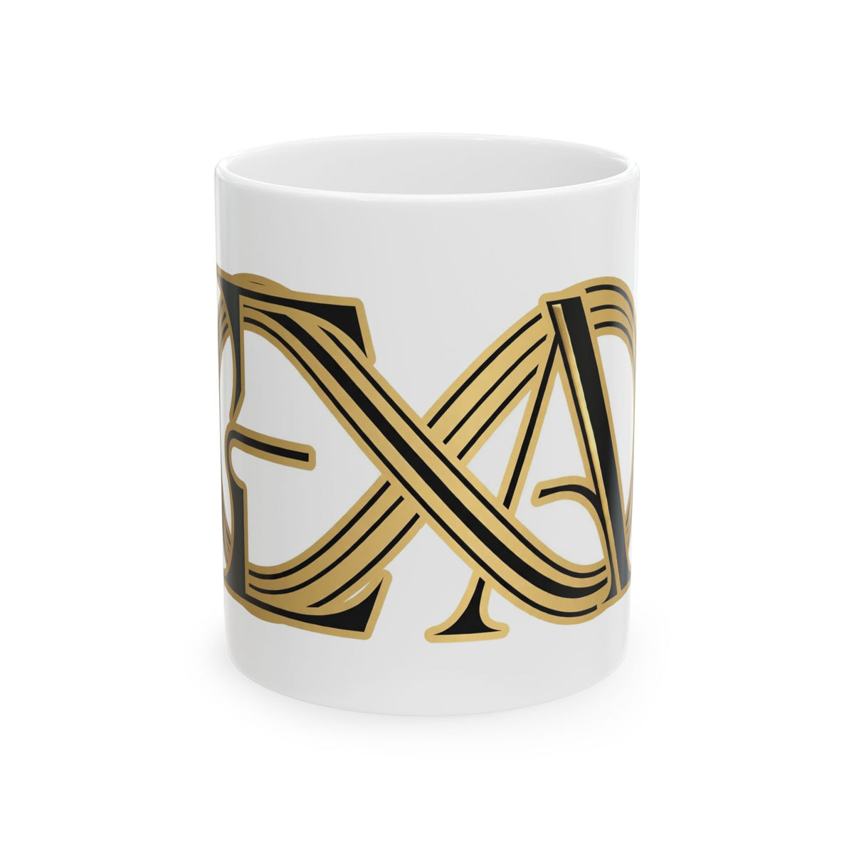 EverAfterWear Infinity EA Monogram mug - ceramic coffee mug mockup with gold streetwear design