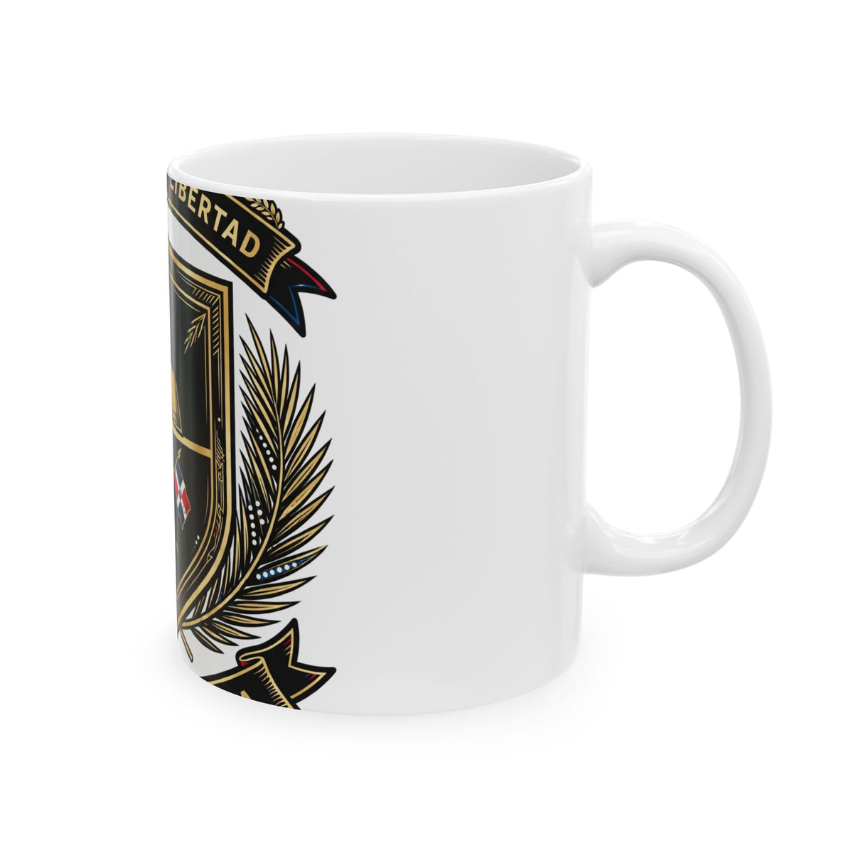 EverAfterWear Dominican Shield Noir mug - ceramic coffee mug mockup with gold streetwear design - alternate view
