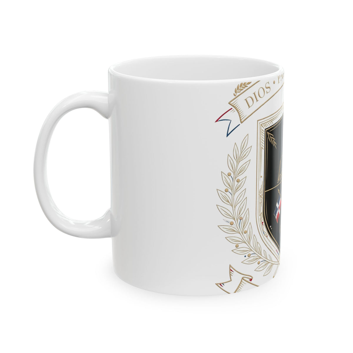 EverAfterWear Dominican Shield Noir Women's mug - ceramic coffee mug mockup with gold streetwear design - alternate view