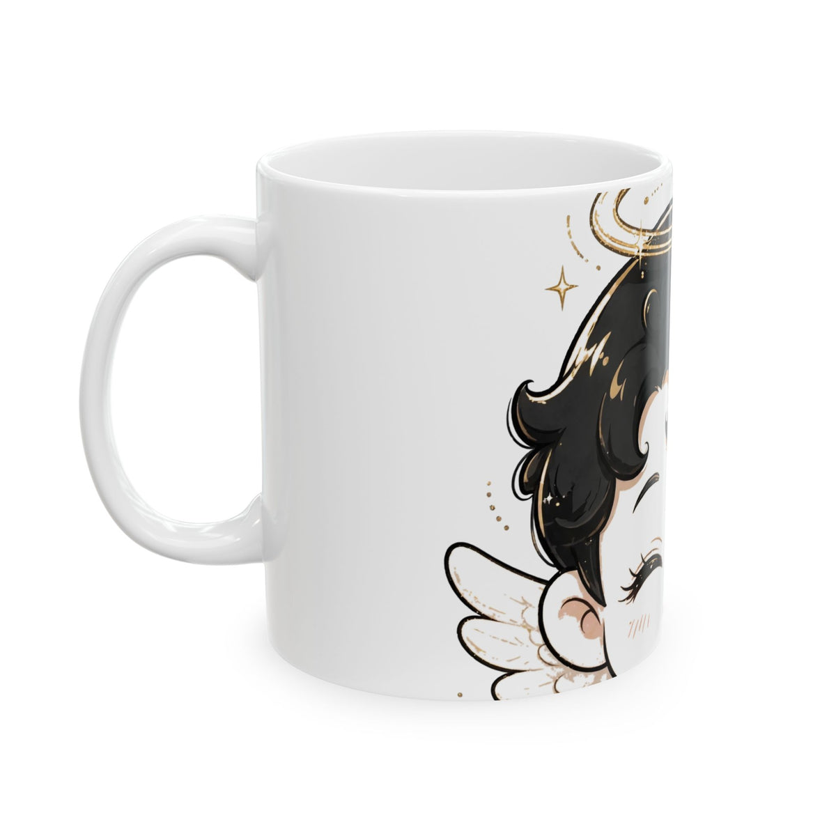 EverAfterWear Lil Angel Women's mug - ceramic coffee mug mockup with gold streetwear design - alternate view