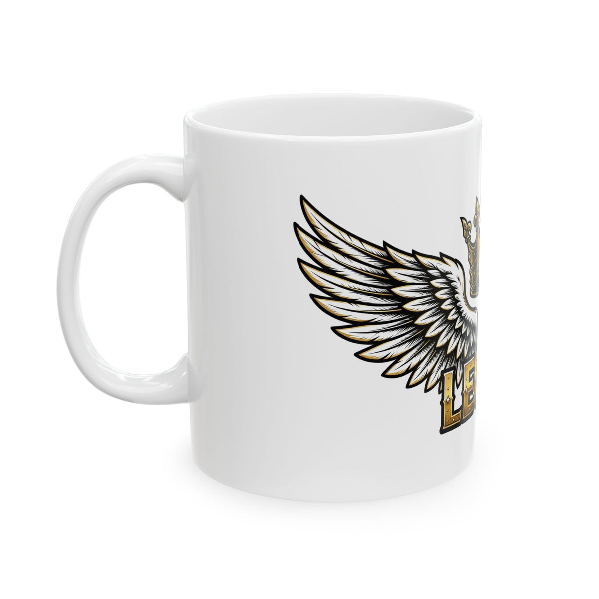 EverAfterWear Legacy Wings Crown mug - ceramic coffee mug mockup with gold streetwear design - alternate view