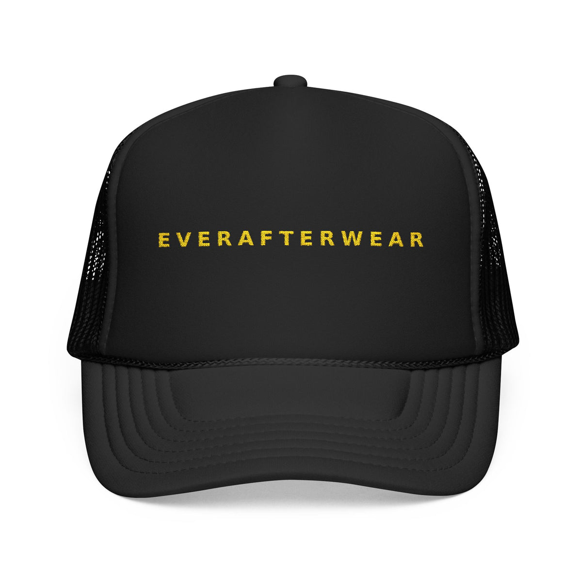 EverAfterWear Gold Wordmark trucker hat - headwear mockup with gold streetwear design