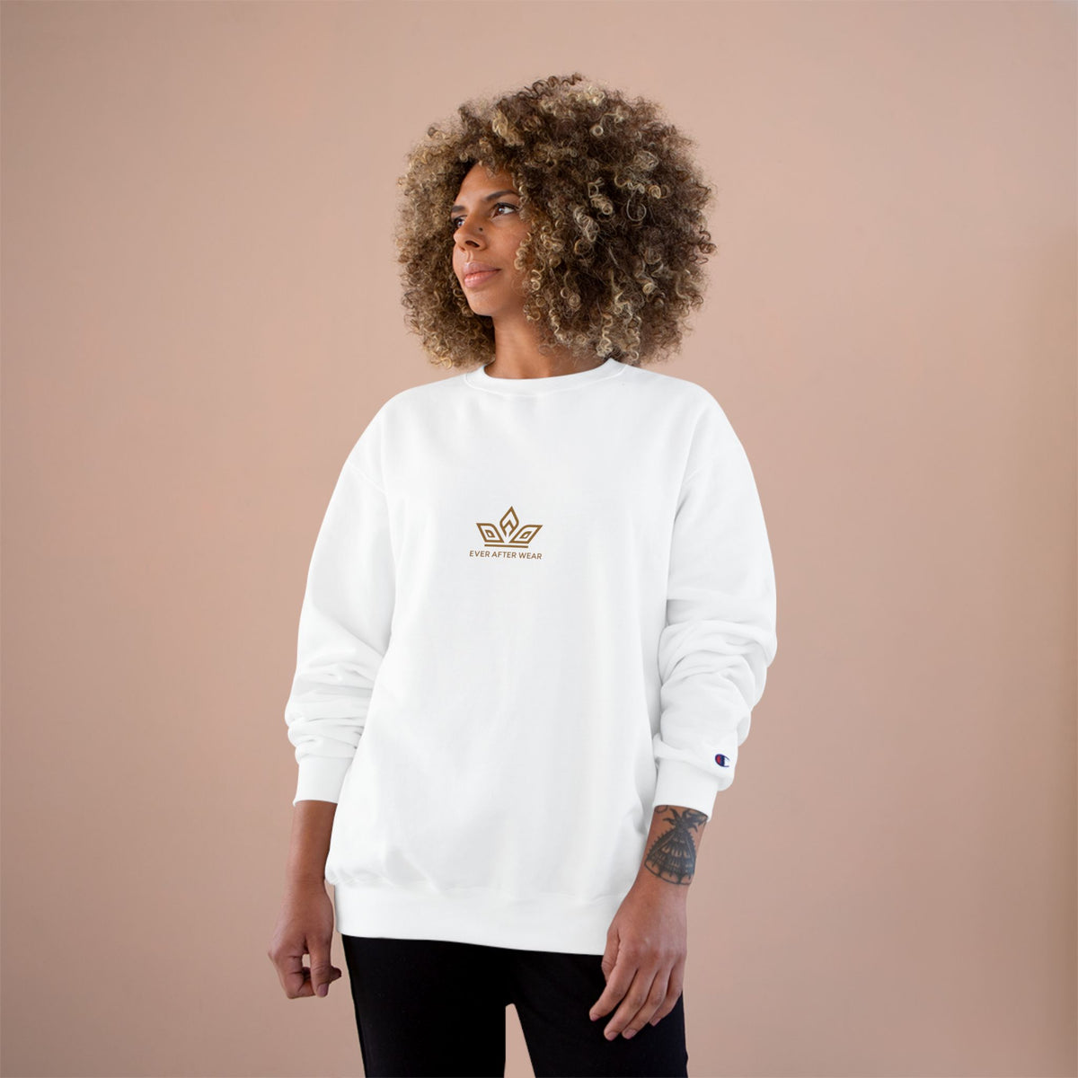 EverAfterWear Gold Crown Champion sweatshirt - product mockup with gold streetwear design - alternate view