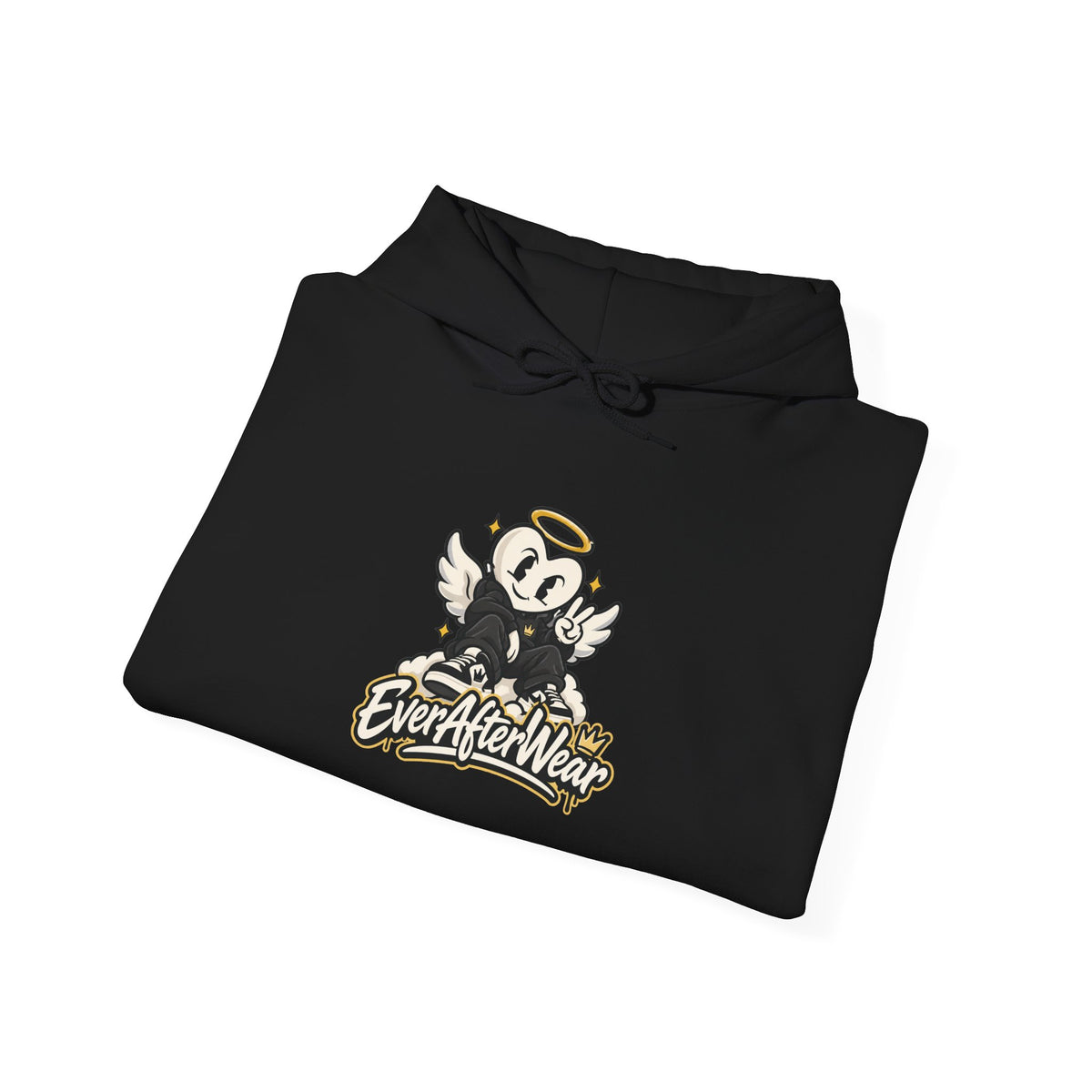 EverAfterWear Retro Cartoon Hoodie — Winged Character Logo hoodie - product mockup with gold streetwear design - alternate vi