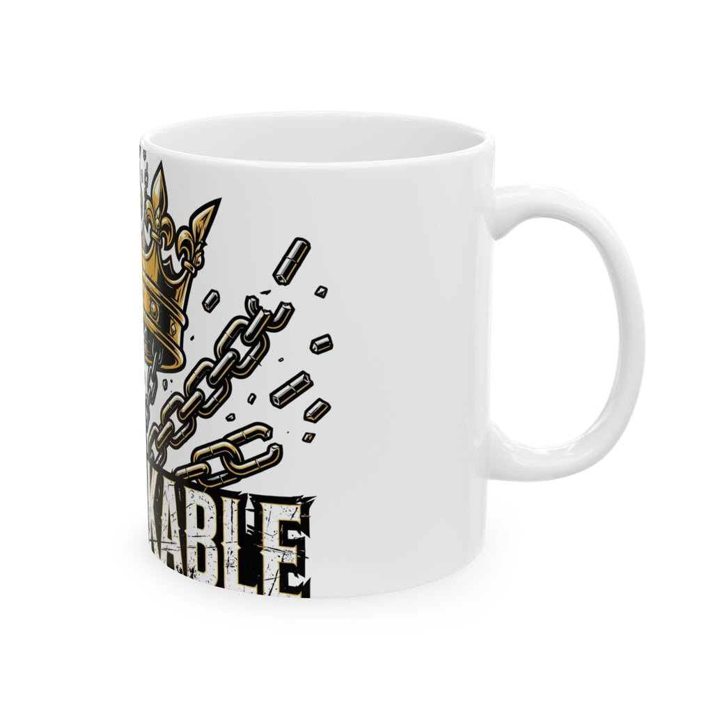 EverAfterWear Unbreakable Crown mug - ceramic coffee mug mockup with gold streetwear design - alternate view