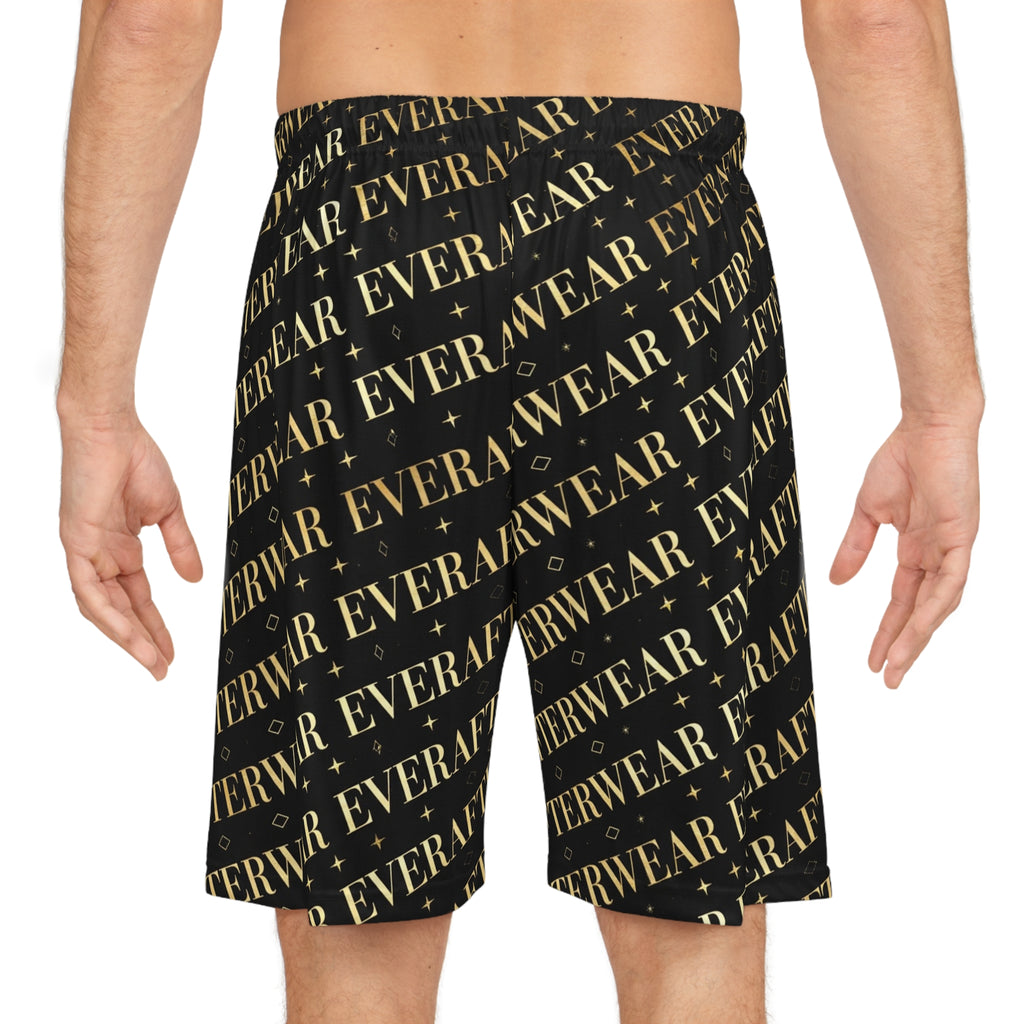 EverAfterWear Gold Text basketball shorts - product mockup with gold streetwear design - alternate view