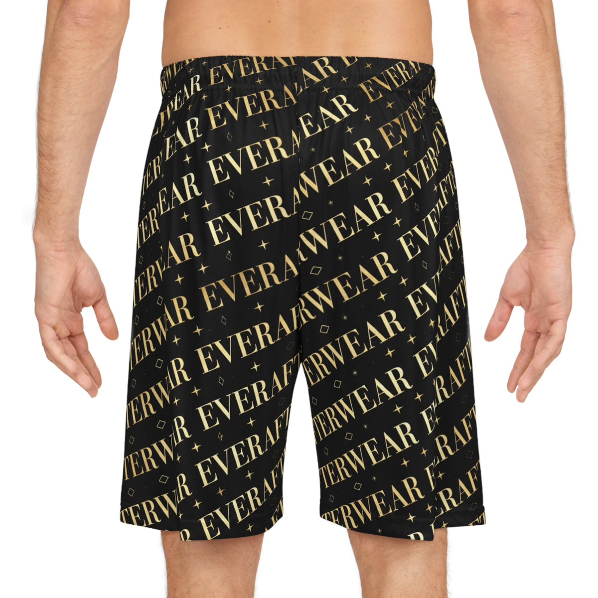 EverAfterWear Gold Text basketball shorts - product mockup with gold streetwear design - alternate view