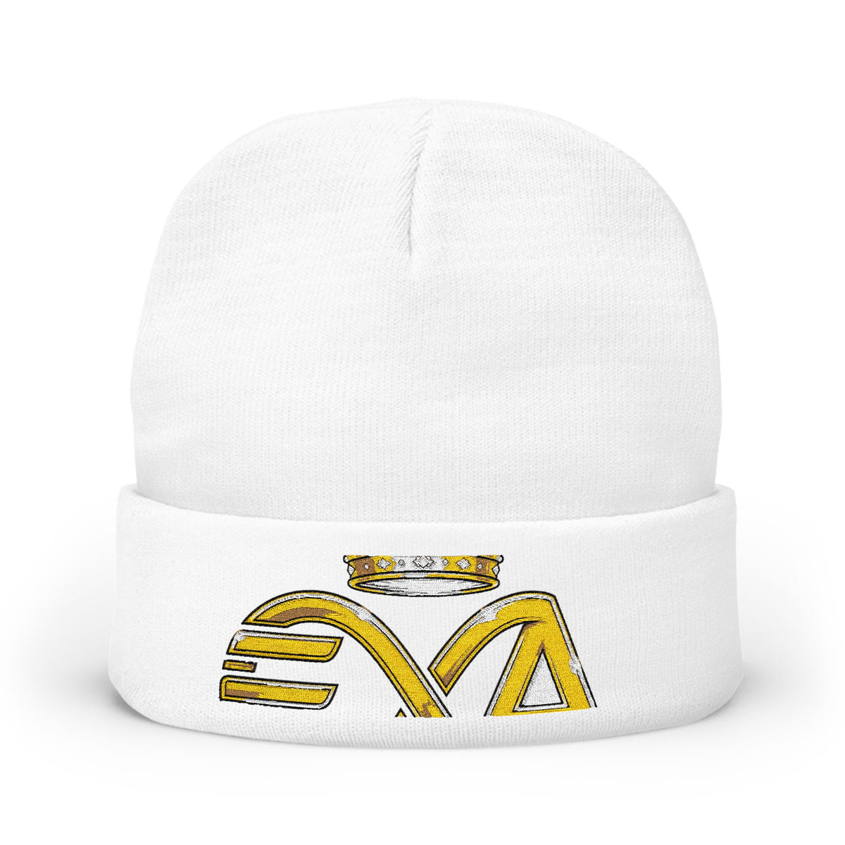 EverAfterWear HERO Crown Logo Refined Women's beanie - headwear mockup with gold streetwear design - alternate view