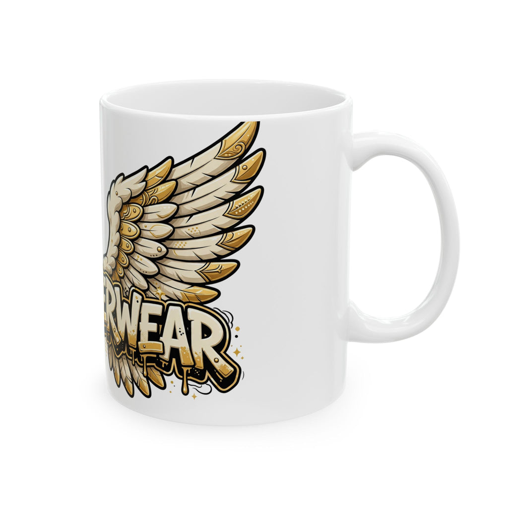 EverAfterWear Angel Wings Graffiti mug - ceramic coffee mug mockup with gold streetwear design - alternate view