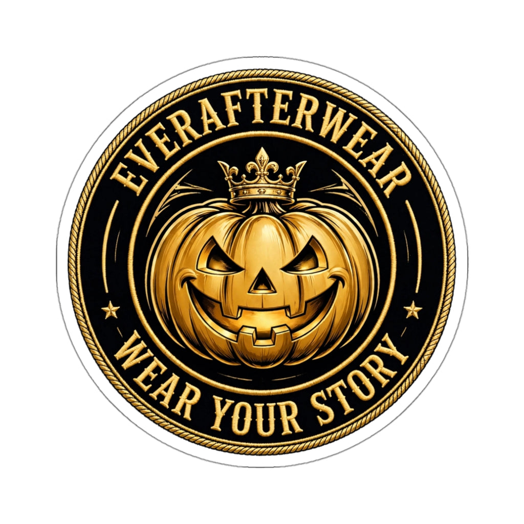 EverAfterWear Halloween Pumpkin Badge sticker - product mockup with gold streetwear design