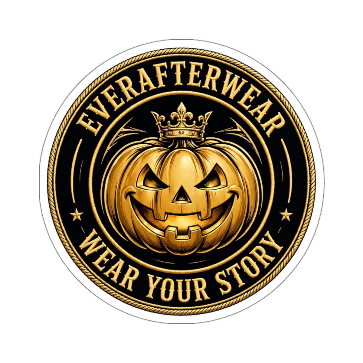 EverAfterWear Halloween Pumpkin Badge sticker - product mockup with gold streetwear design