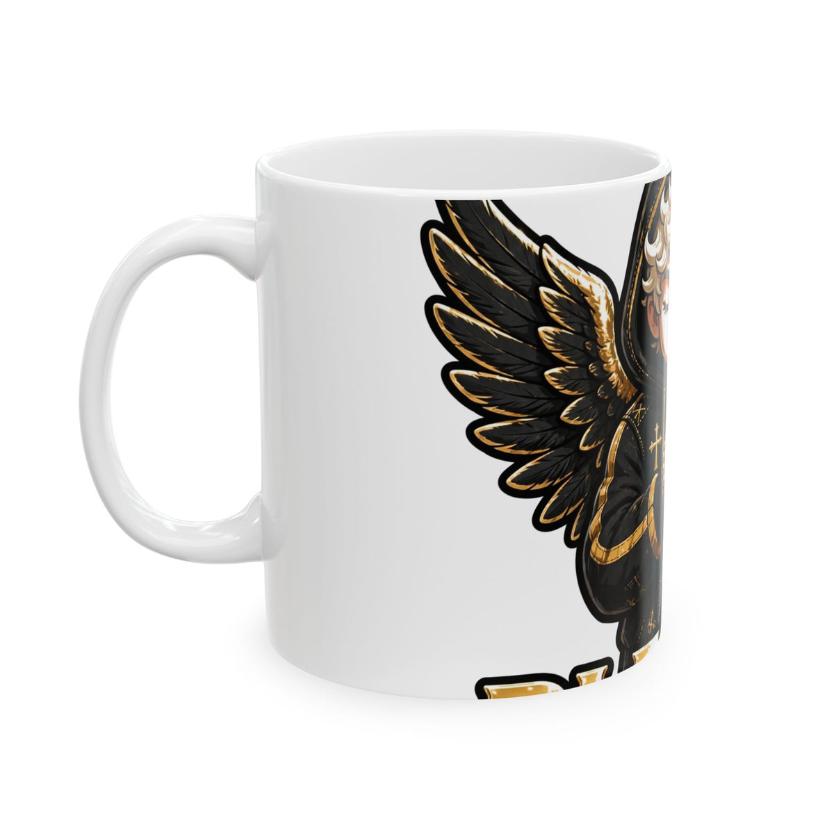 EverAfterWear Blessed Angel Men's mug - ceramic coffee mug mockup with gold streetwear design - alternate view