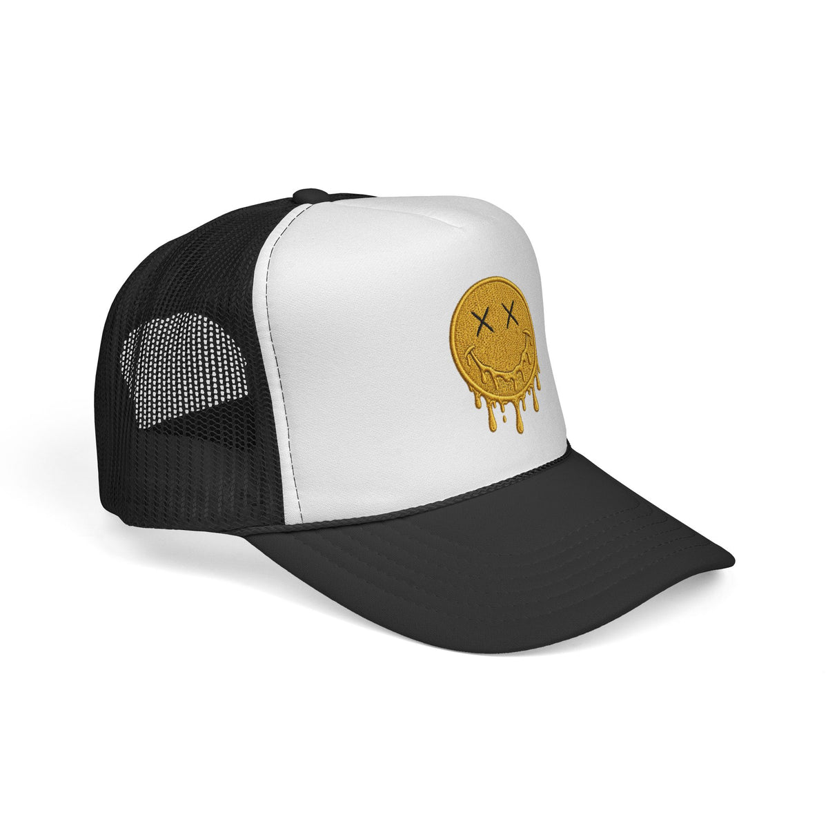 EverAfterWear Melting Smiley trucker hat - headwear mockup with gold streetwear design - alternate view