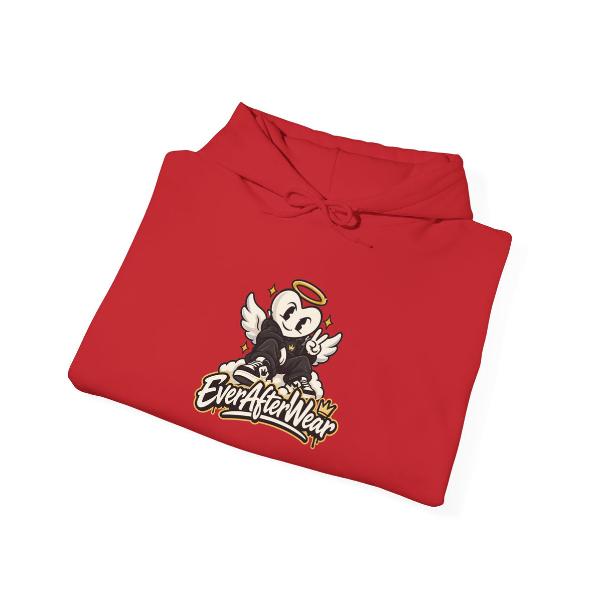 EverAfterWear Retro Cartoon Hoodie — Winged Character Logo hoodie - product mockup with gold streetwear design - alternate vi