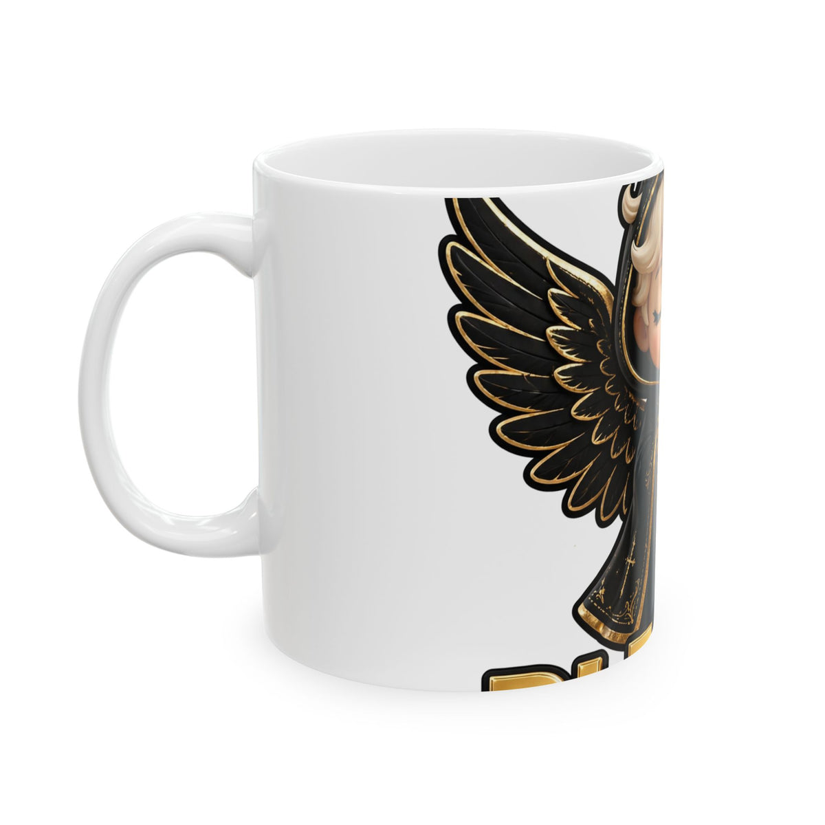 EverAfterWear Blessed Angel mug - ceramic coffee mug mockup with gold streetwear design - alternate view