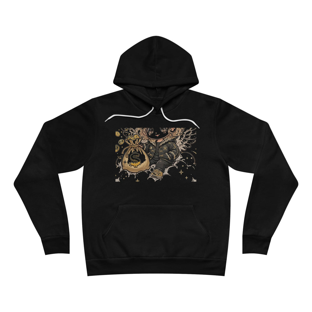 EverAfterWear Heavenly Hustle Angel Women's hoodie - product mockup with gold streetwear design - alternate view