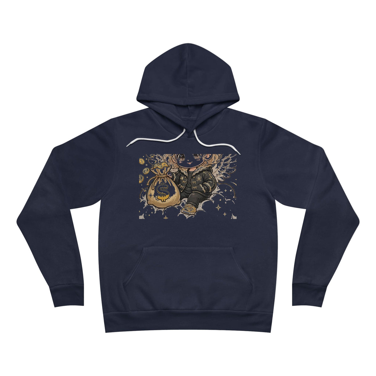 EverAfterWear Heavenly Hustle Angel Women's hoodie - product mockup with gold streetwear design - alternate view